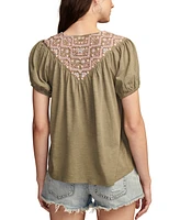 Lucky Brand Women's Embroidered Tie-Neck Peasant Top