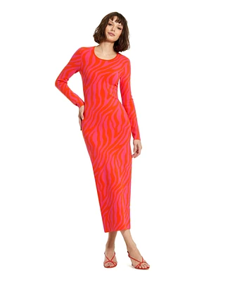 Mac Duggal Women's Fitted Long Sleeve Zebra Print Knit Maxi Dress
