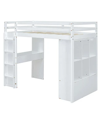 Simplie Fun Twin Size Loft Bed With Large Shelves, Writing Desk And Led Light, White