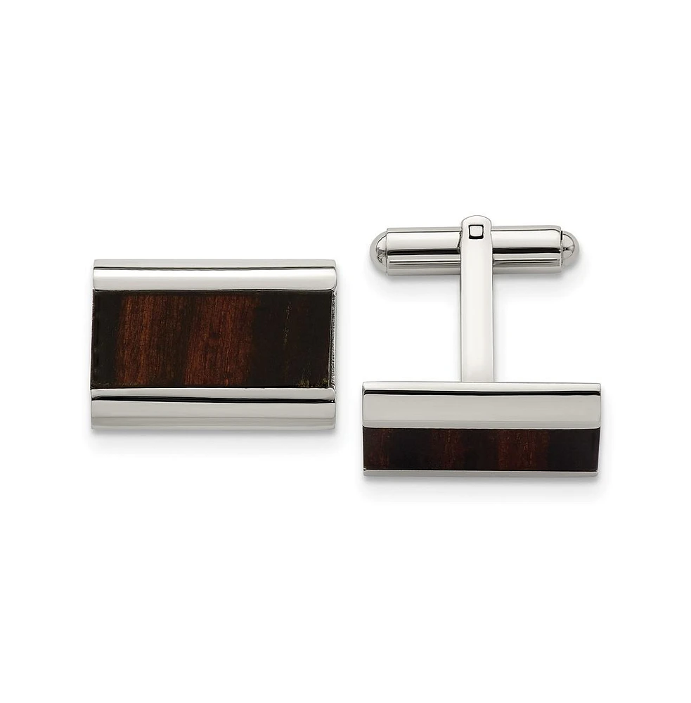 Chisel Stainless Steel Polished Black Wood Inlay Rectangle Cufflinks