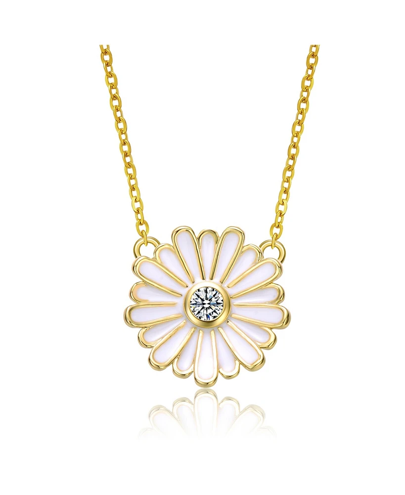 GiGiGirl Young Adults/Teens 14k Yellow Gold Plated with Cluster Cubic Zirconia White Enamel Mini Daisy Pendant Layering Necklace