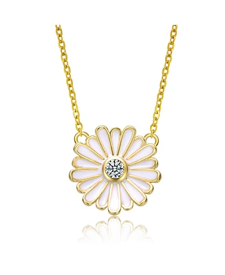 GiGiGirl Young Adults/Teens 14k Yellow Gold Plated with Cluster Cubic Zirconia White Enamel Mini Daisy Pendant Layering Necklace