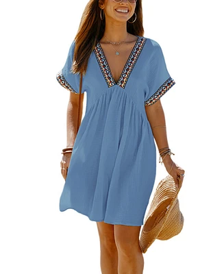 Cupshe Women's Blue Boho Short Sleeve V-Neck Mini Beach Dress