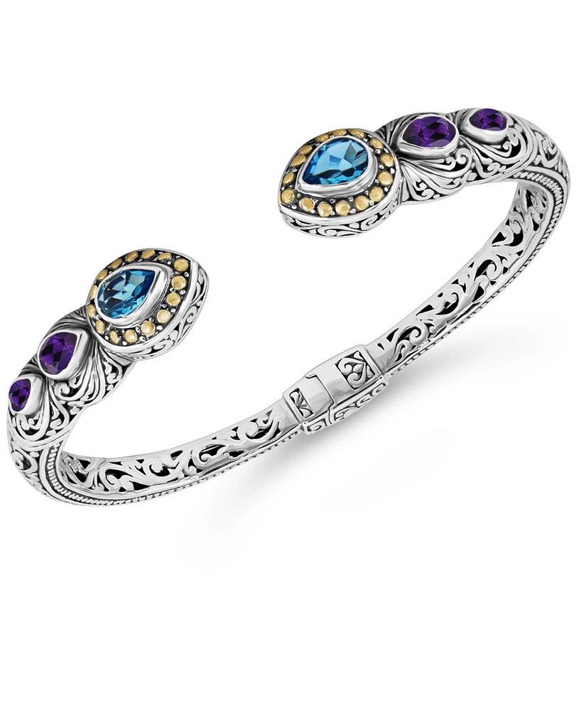 Devata Swiss Blue Topaz, Amethyst & Bali Ubud Cuff Bracelet in Sterling Silver and 18K Gold