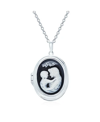 Bling Jewelry Victorian Style Black White Carved Mother and Child Loving Cameo Photo Locket Pendant Son Daughter Necklace Sterling Silver Women Hold P