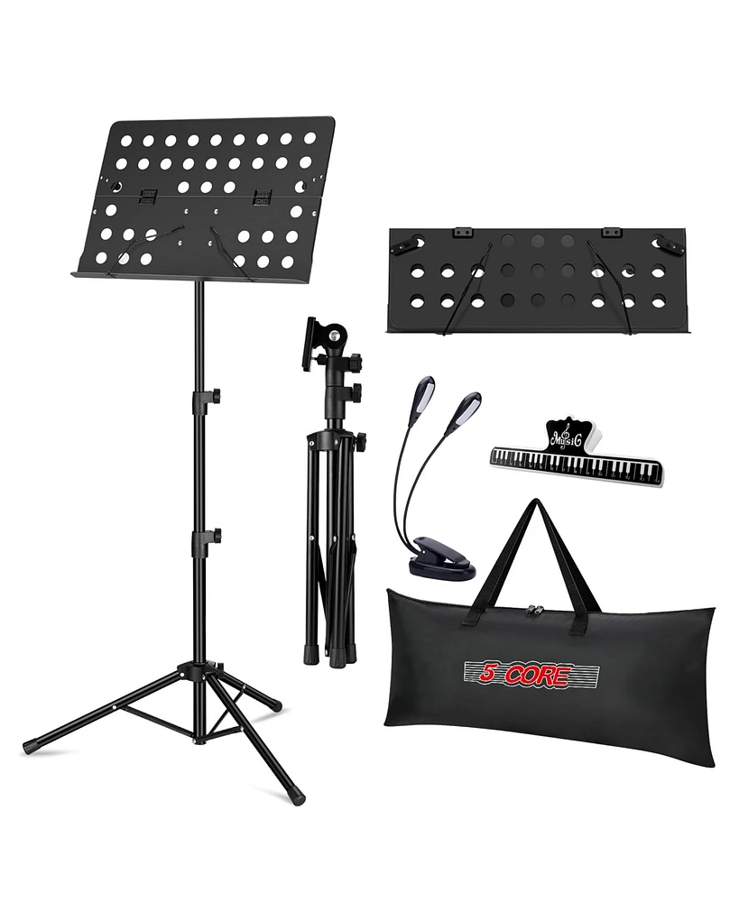 5 Core Music Stand For Sheet Music Height Adjustable Portable Folding Atril Para Partituras w Light Clip for Guitar Players Violinists Cellists Pianis