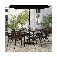Merrick Lane Laney Piece Outdoor Dining Set With Tempered Glass Patio Table, Stackable Metal Slat Chairs
