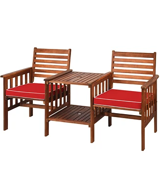 Gymax Acacia Wood Loveseat Patio Outdoor Conversation Set w/ Table Red Cushion