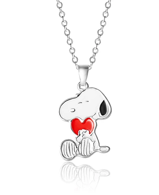Peanuts Snoopy Silver Plated Holding Heart Pendant, 16+2" Chain