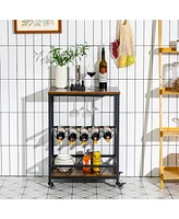 Sugift Kitchen Bar Cart Serving Trolley on Wheels with Wine Rack Glass Holder