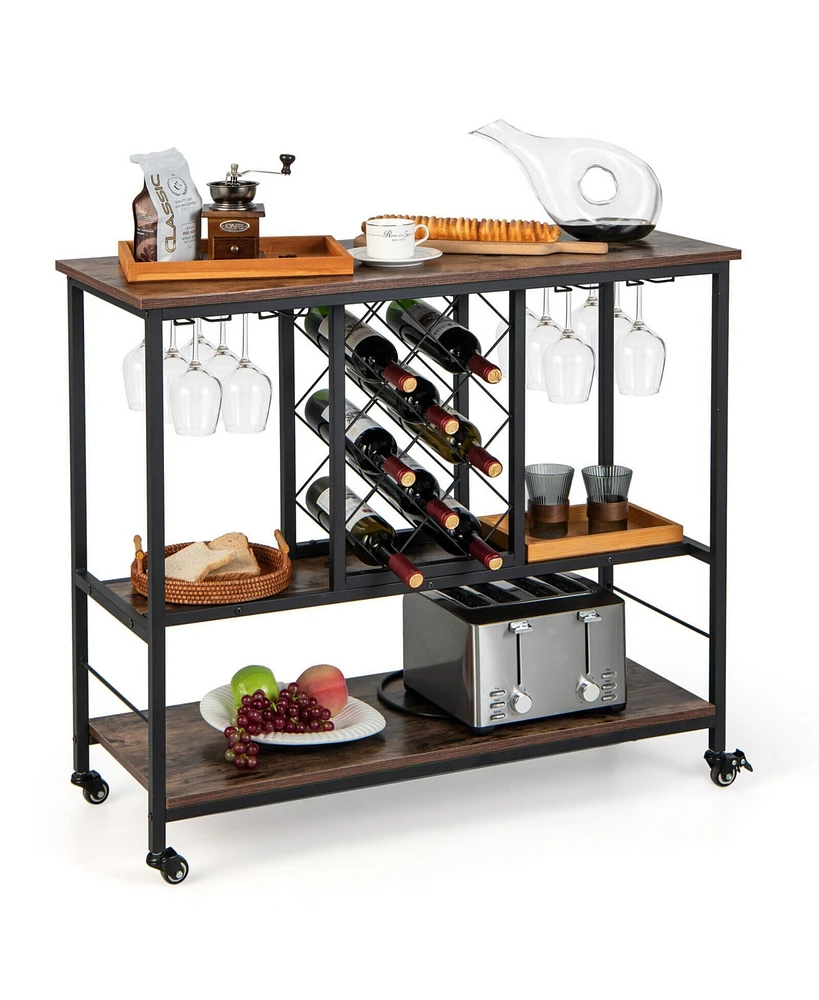 Sugift 3-Tier Wine Bar Cabinet with 8 Bottles Rack and 12 Glasses Hanger