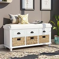 Streamdale Furniture Rustic Storage Bench With 3 Drawers And 3 Rattan Baskets, Shoe Bench For Living Room