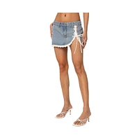 Edikted Women's Eyelet Lace Up Denim Mini Skirt - Blue