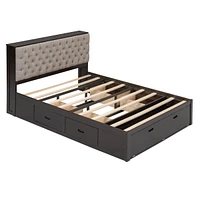 Wood Queen Platform Bed With Storage Headboard, Shoe Rack And 4 Drawers