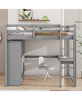 Wood Full Loft Bed With Built-In Wardrobe, Desk, Storage Shelves And Drawers