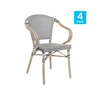 Merrick Lane Mael Set Of Four Stacking Thonet Bistro Style Chair With Arms, Textilene Seat, And Bamboo Finished Metal Frame For Indoor/Outdoor Use