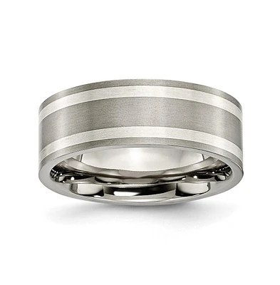Chisel Titanium Brushed Double Sterling Silver Inlay Flat Band Ring