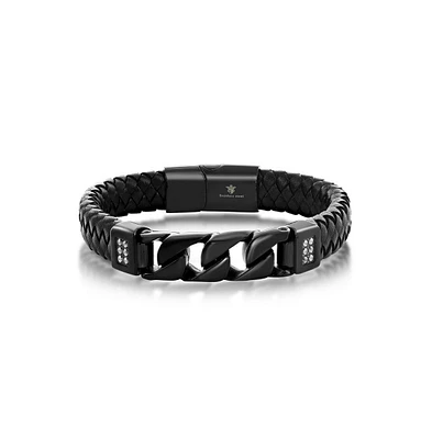 Metallo Stainless Steel Genuine Leather Curb Link Cz Bracelet