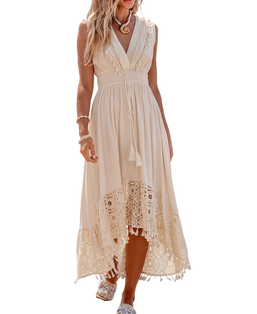 Cupshe Women's Beige Lace & Tassel Sleeveless Midi Beach Dress