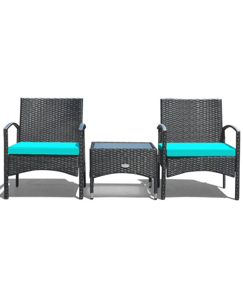 Sugift 3 Pieces Patio Wicker Rattan Furniture Set with Cushion for Lawn Backyard