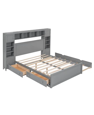 Queen Wooden Bed With All-In-One Cabinet, Shelf And Sockets