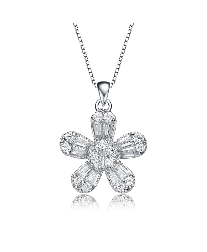 GiGiGirl Sterling Silver with Rhodium Plated White Baguette Cubic Zirconia Flower Style Pendant Necklace