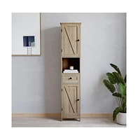 Merrick Lane Delilah Slim Linen Tower Organizer With Storage Drawer, Upper And Lower Cabinets Magnetic Closure Doors Open Shelf