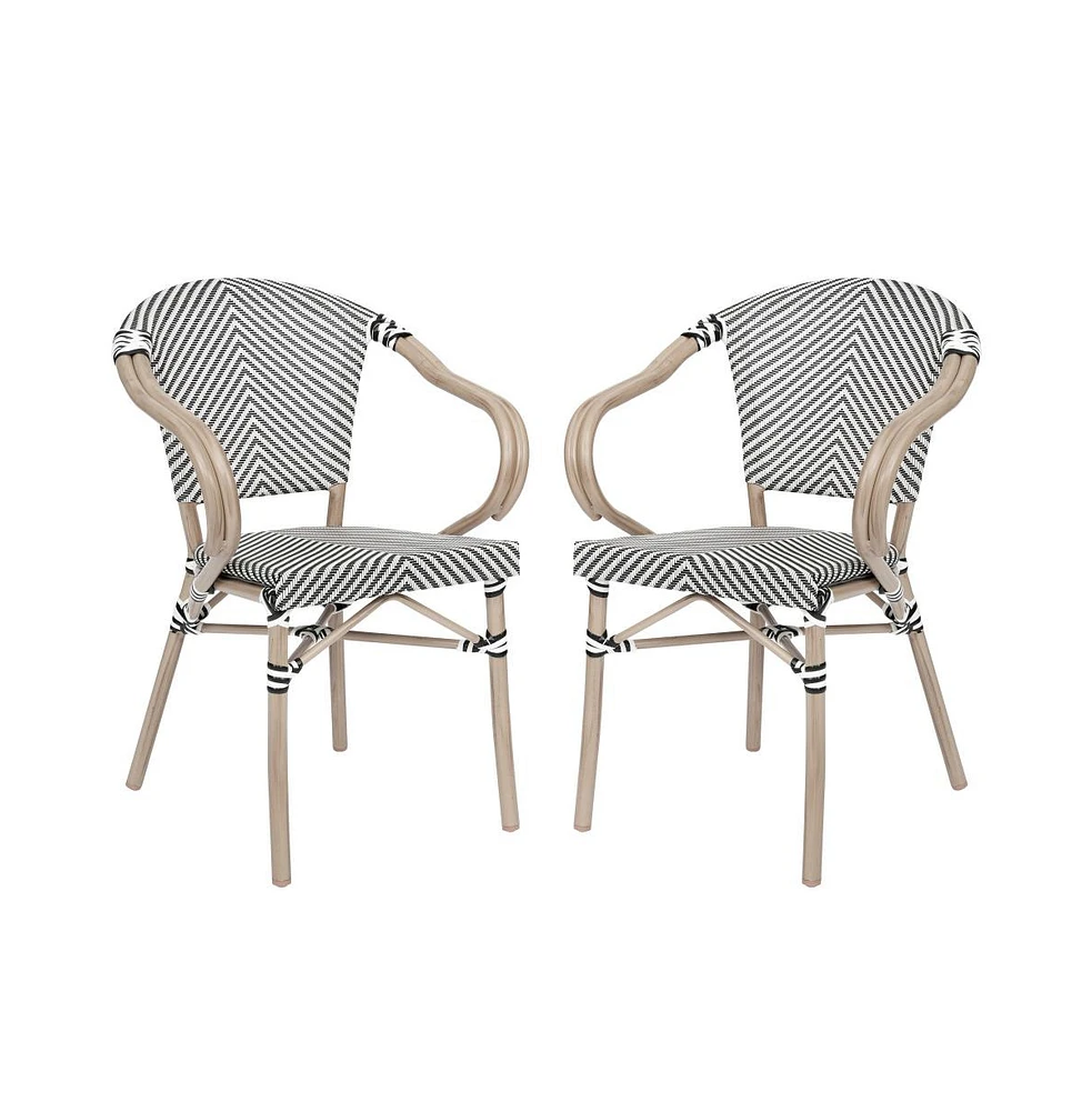 Merrick Lane Mael Set Of Two Stacking Thonet Bistro Style Chair With Arms, Textilene Seat, And Bamboo Finished Metal Frame For Indoor/Outdoor Use