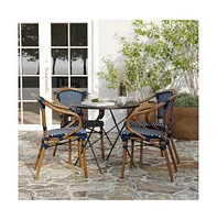 Merrick Lane Sacha Set Of Four Stacking Thonet Bistro Style Chair With Arms, Pe Rattan Seat, And Bamboo Metal Frame For Indoor/Outdoor Use