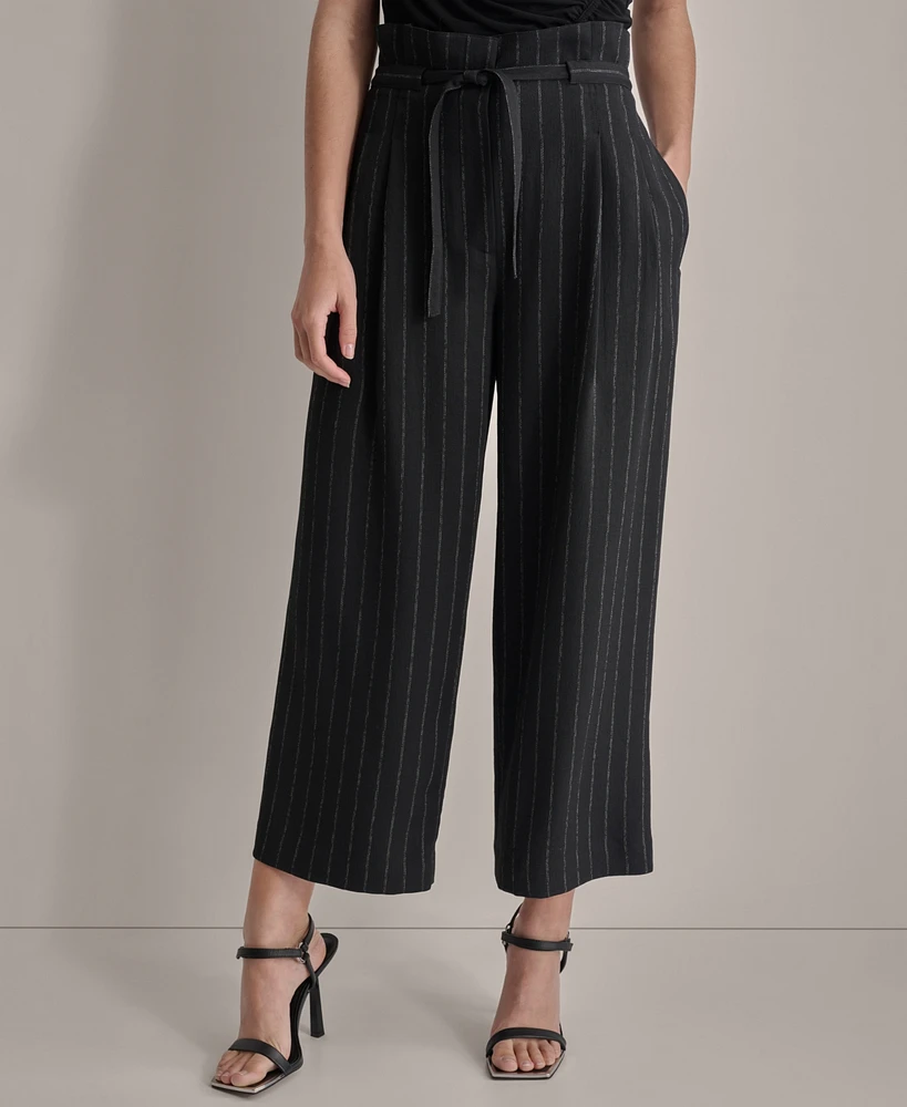 Dkny Petite Striped Cropped Paperbag-Waist Pants