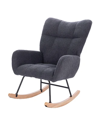 Simplie Fun Teddy Upholstered Nursery Rocking Chair For Living Room Bedroom(Dark Grey Teddy)