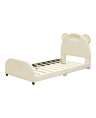 Simplie Fun Twin Size Upholstered Platform Bed With Bear-Shaped Headboard And Embedded Light Stripe, Velvet