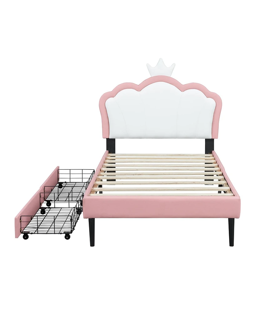 Simplie Fun Twin Princess Upholstered Bed with Crown Headboard and Drawers + Pink Platform Bed