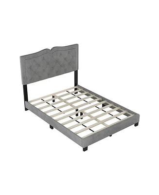 Full Upholstered Bed Frame With Rivet Design, Modern Velvet Platform Tufted Headboard