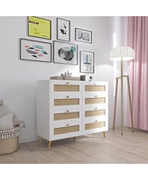 Streamdale Furniture White Color 8 Drawers Chest Of Drawers With Rattan Drawer Face Golden Legs And Handles