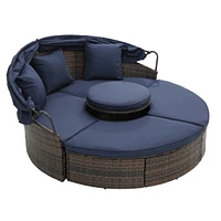 Round Rattan Lounge Set with Canopy & Lift Coffee Table