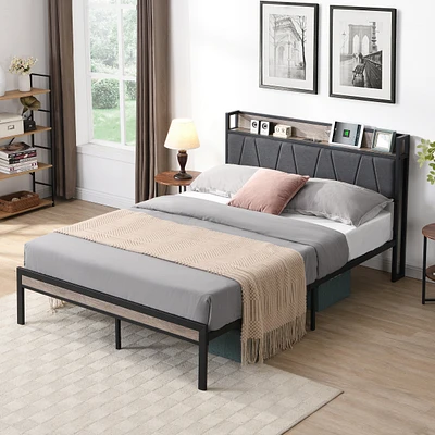 Streamdale Furniture Metal Platform Bed Frame with Upholstery Headboard and Storage