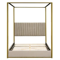 Queen Size Upholstery Canopy Platform Bed With Headboard And Metal Frame, Beige