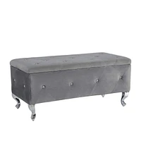 Grey Tufted Storage Ottoman Bench With Crystal Buttons