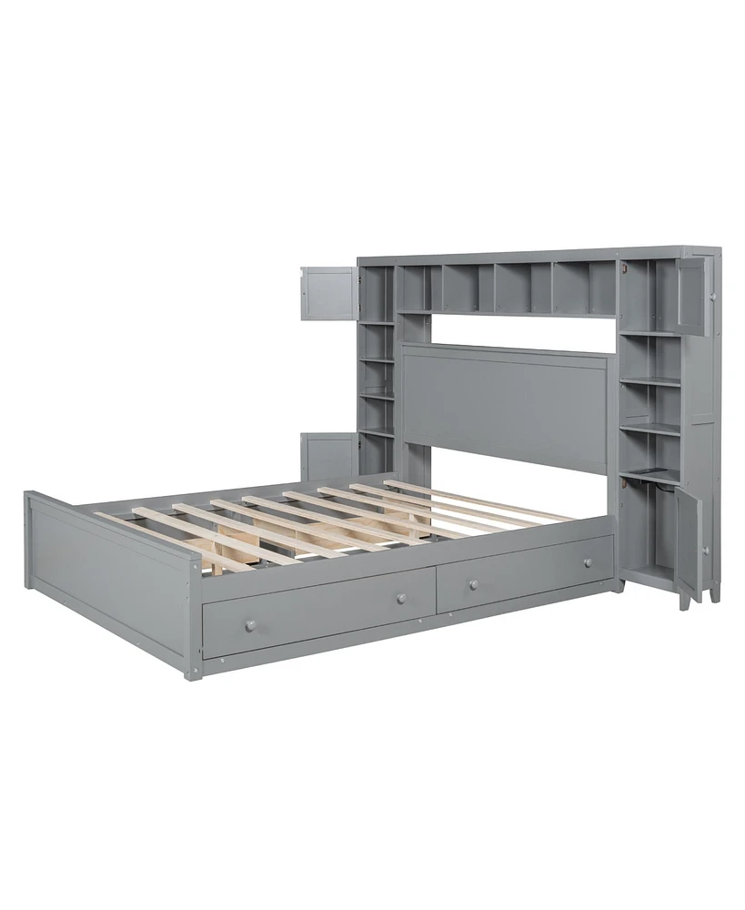 Queen Wooden Bed With All-In-One Cabinet, Shelf And Sockets