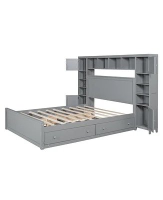 Queen Wooden Bed With All-In-One Cabinet, Shelf And Sockets