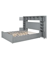 Queen Wooden Bed With All-In-One Cabinet, Shelf And Sockets