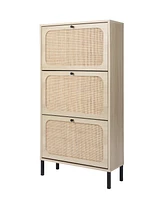 Streamdale Furniture Natural Rattan 3 Door Shoe Rack, Freestanding Modern Shoe Storage Cabinet, For Entryway