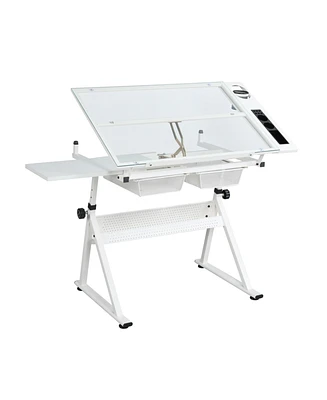 Simplie Fun White Adjustable Tempered Glass Drafting Printing Table With Chair