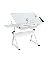 Simplie Fun White Adjustable Tempered Glass Drafting Printing Table With Chair