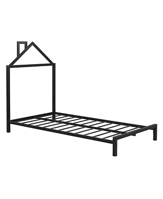 Simplie Fun Twin Metal Platform Bed With House-Shaped Headboard Design