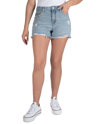 Indigo Rein Juniors' Cotton High-Rise Embellished Distress Shorts