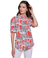 Karl Lagerfeld Paris Women's Printed Bungee-Sleeve Top