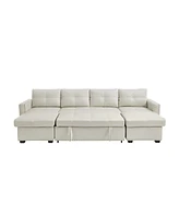 Simplie Fun 114" Convertible Pull Out Sofa Bed With Storage Chaise Sofa Bed Microfiber Fabric Upholstery Beige