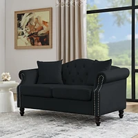 Streamdale Furniture 57" Black Velvet Chesterfield Sofa with Rolled Arms & Nailhead, 2 Seater